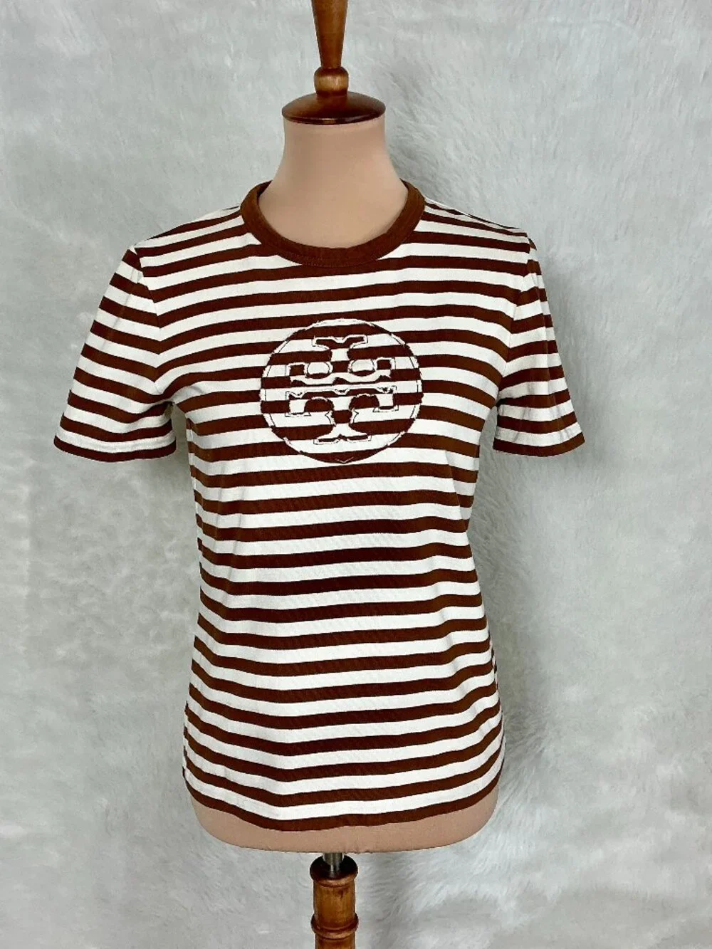 Tory Burch Brown & White Striped Cotton Logo T-Shirt S - Picture 1 of 7